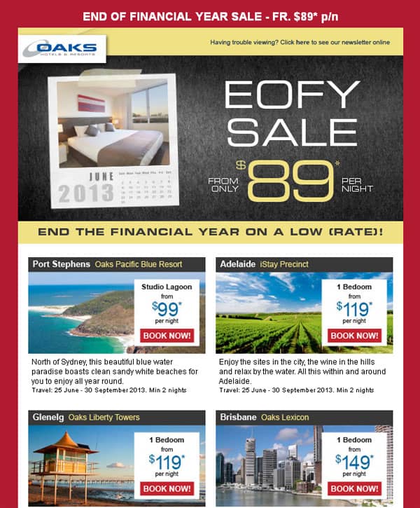 Oaks Hotels & Resorts EOFYS Marketing Campaign Example 