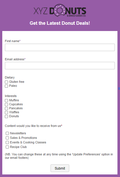 Subscription form with options to set preferences