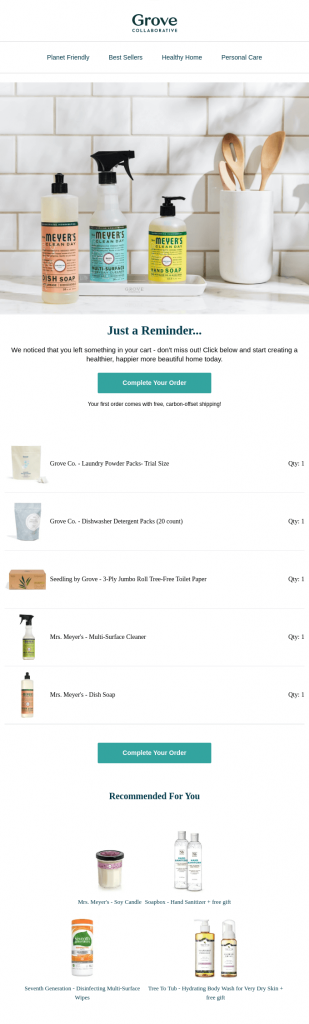 Abandoned cart email with recommended product suggestions