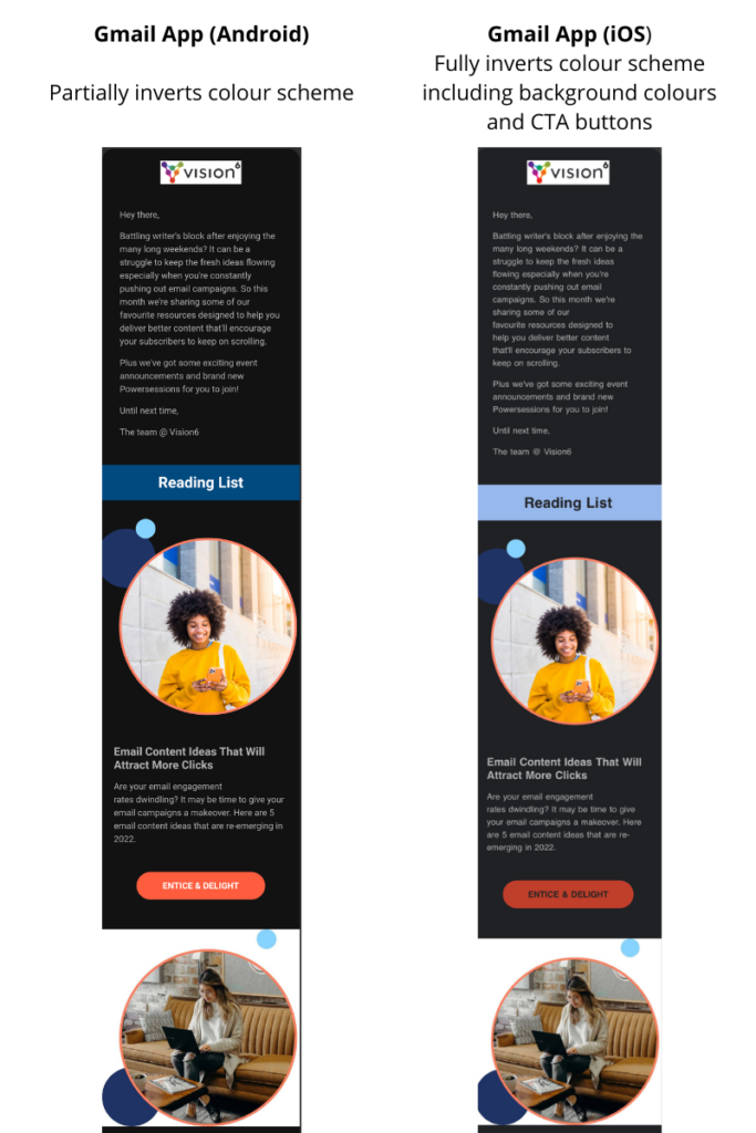 example of Vision6 email newsletter in dark mode
