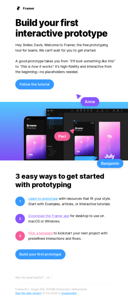 Framer welcome email in onboarding drip campaign 
