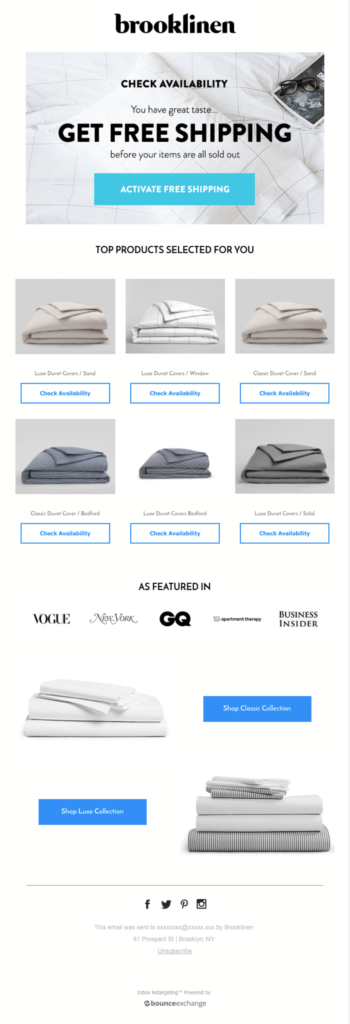 abandoned cart email drip campaign by brooklinen