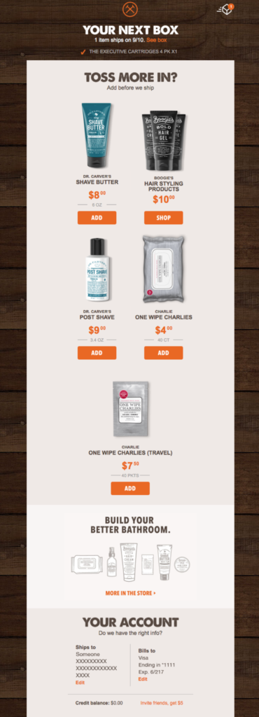 subscription email that is upselling male grooming products