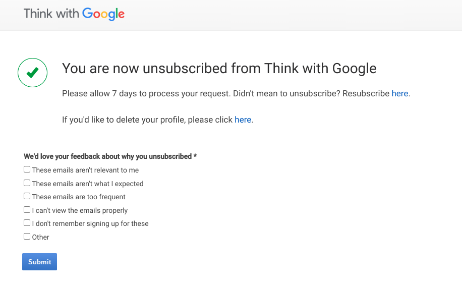  exit survey for email unsubscribe